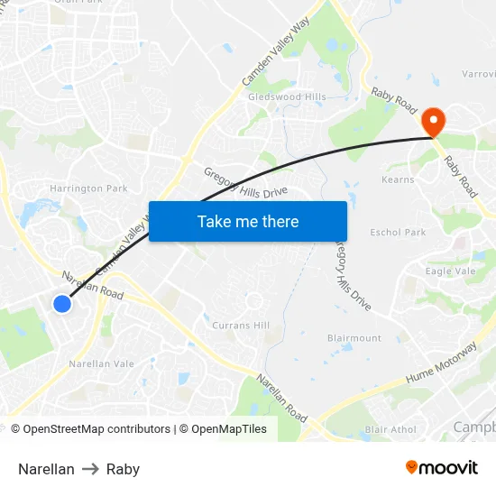 Narellan to Raby map