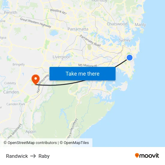 Randwick to Raby map