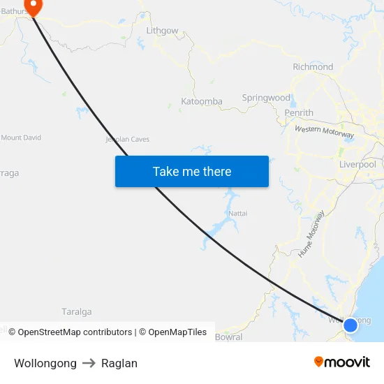 Wollongong to Raglan map
