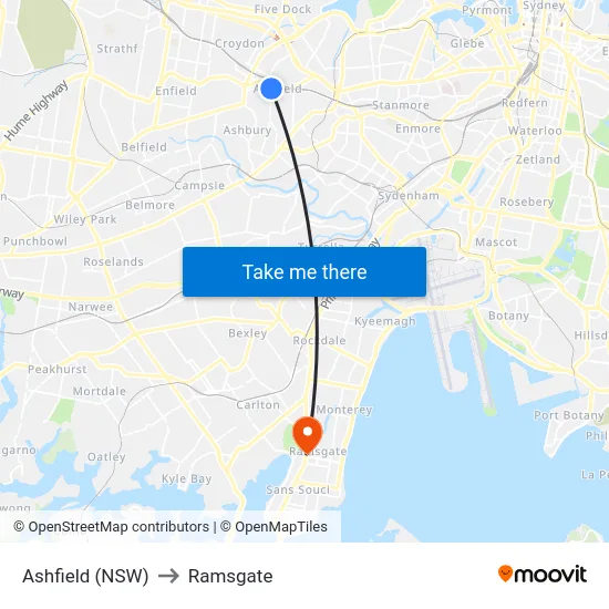 Ashfield (NSW) to Ramsgate map