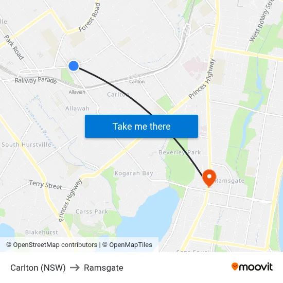 Carlton (NSW) to Ramsgate map