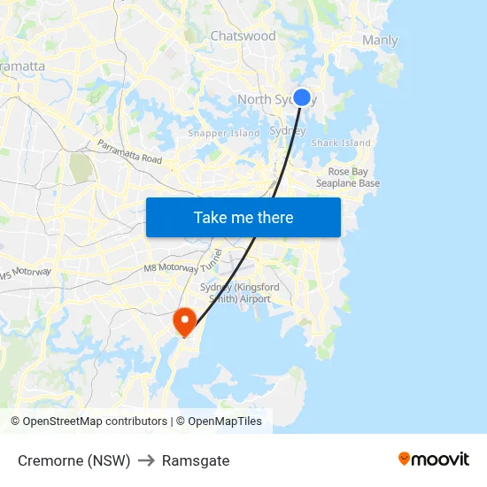 Cremorne (NSW) to Ramsgate map