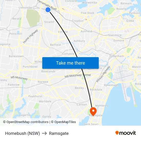 Homebush (NSW) to Ramsgate map