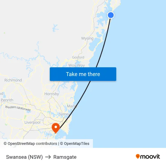 Swansea (NSW) to Ramsgate map