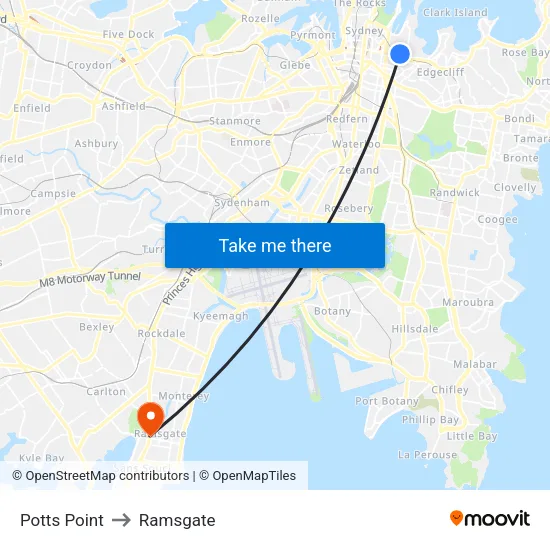 Potts Point to Ramsgate map