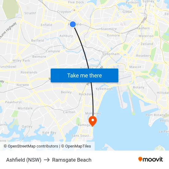 Ashfield (NSW) to Ramsgate Beach map