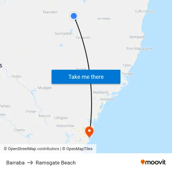 Barraba to Ramsgate Beach map