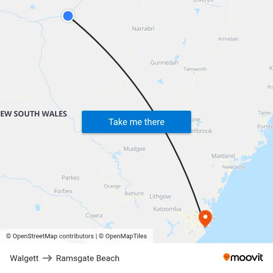 Walgett to Ramsgate Beach map