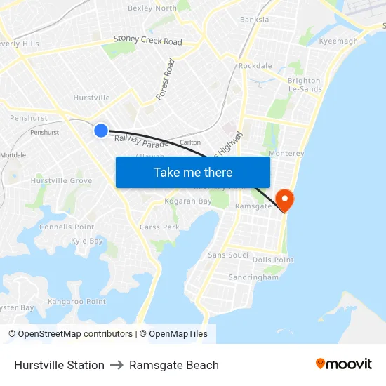 Hurstville Station to Ramsgate Beach map