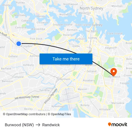 Burwood (NSW) to Randwick map