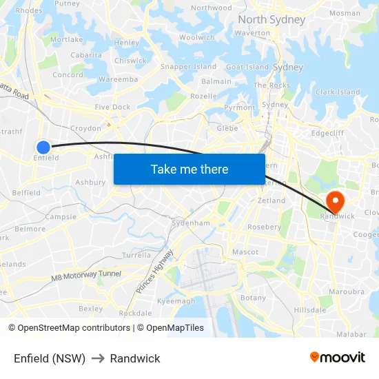 Enfield (NSW) to Randwick map