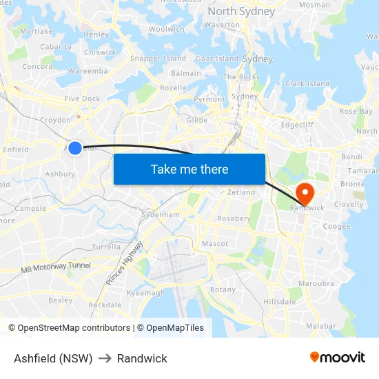 Ashfield (NSW) to Randwick map