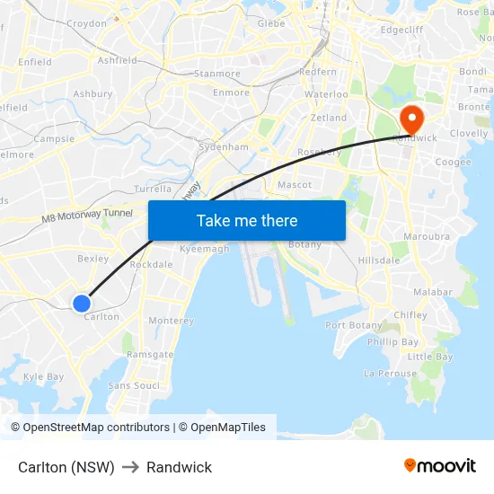 Carlton (NSW) to Randwick map
