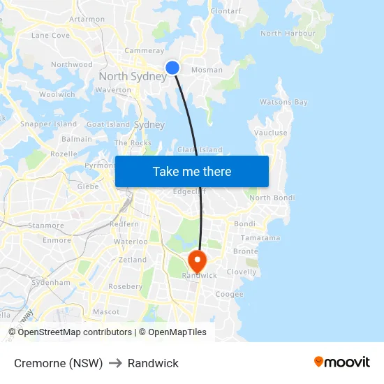 Cremorne (NSW) to Randwick map