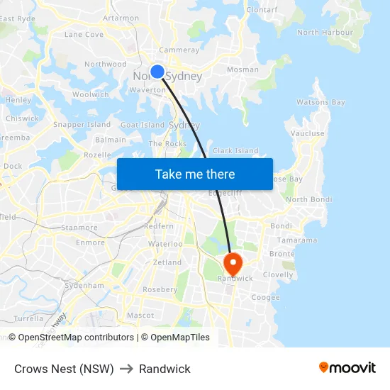 Crows Nest (NSW) to Randwick map