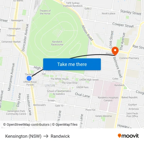 Kensington (NSW) to Randwick map