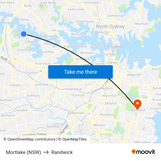 Mortlake (NSW) to Randwick map