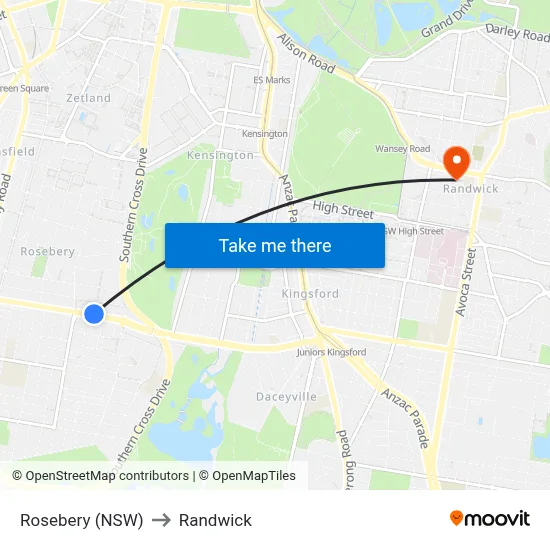 Rosebery (NSW) to Randwick map