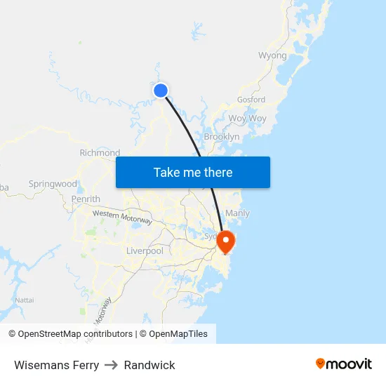 Wisemans Ferry to Randwick map