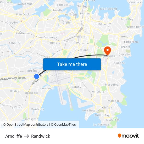 Arncliffe to Randwick map