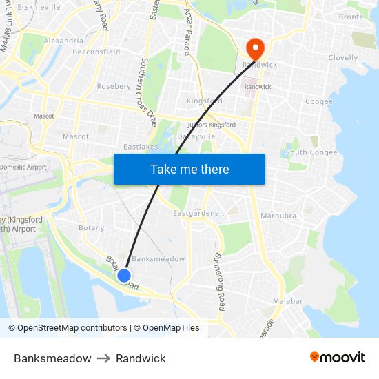 Banksmeadow to Randwick map