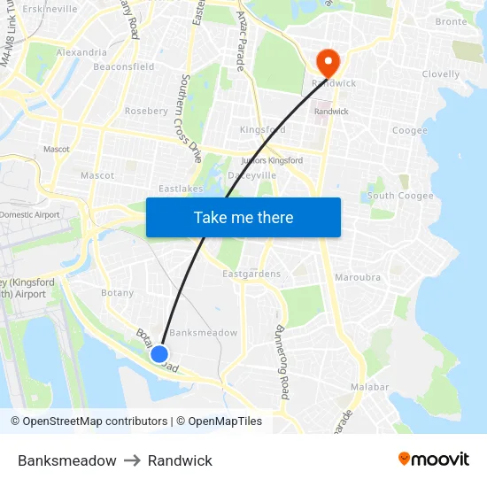 Banksmeadow to Randwick map