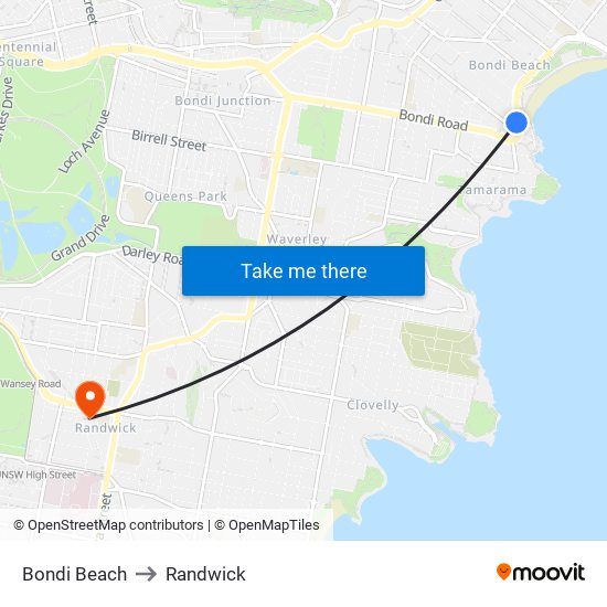 Bondi Beach to Randwick map