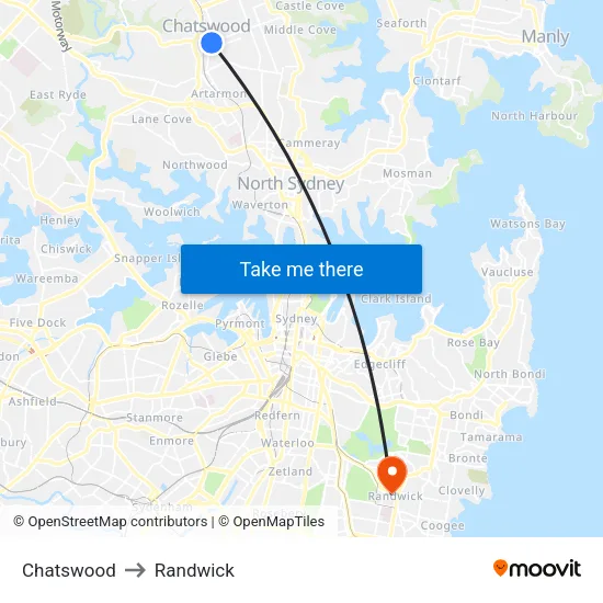 Chatswood to Randwick map