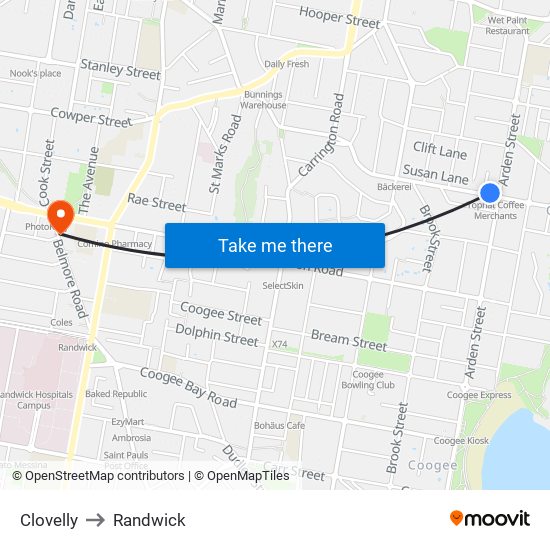 Clovelly to Randwick map