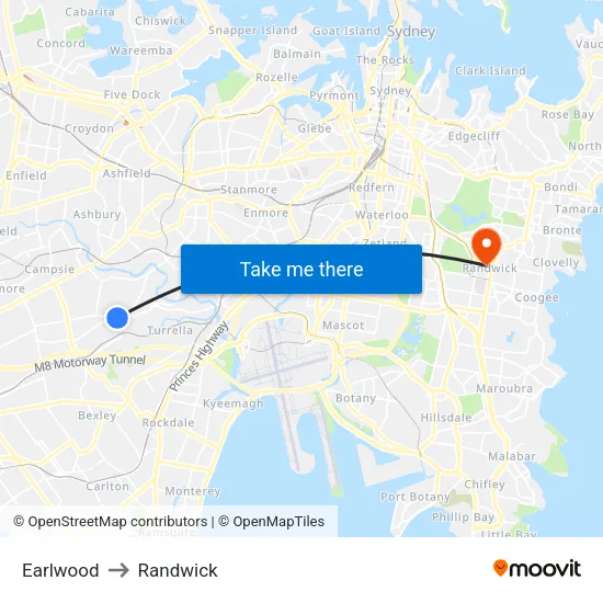 Earlwood to Randwick map