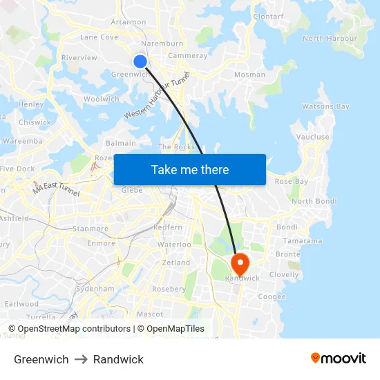 Greenwich to Randwick map