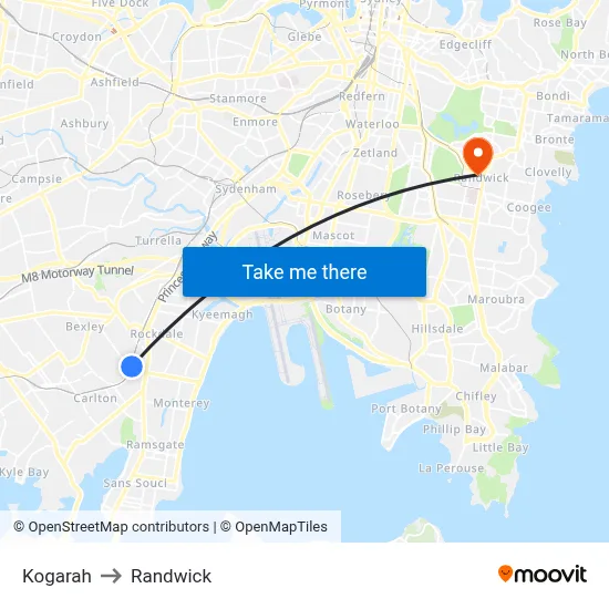 Kogarah to Randwick map