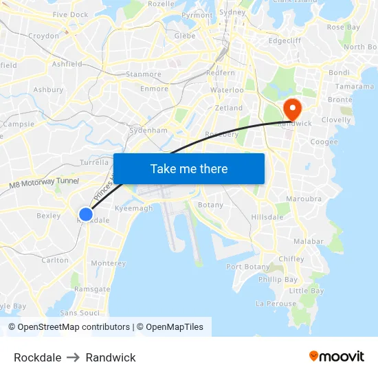 Rockdale to Randwick map