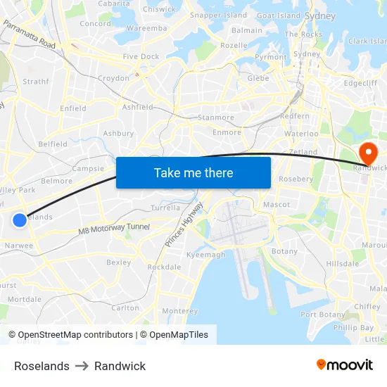 Roselands to Randwick map
