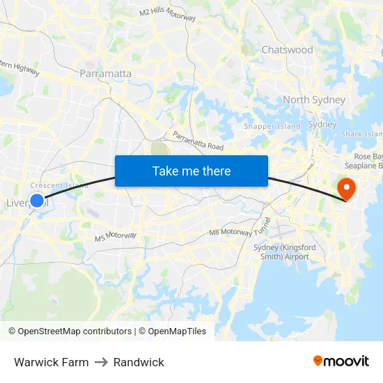Warwick Farm to Randwick map