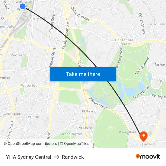 YHA Sydney Central to Randwick map
