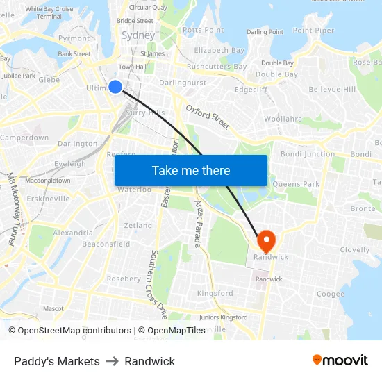 Paddy's Markets to Randwick map
