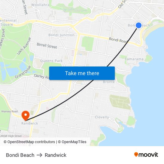 Bondi Beach to Randwick map