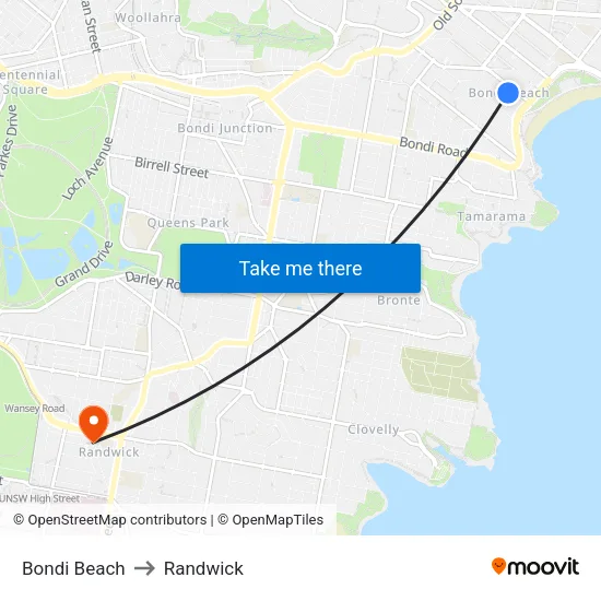Bondi Beach to Randwick map