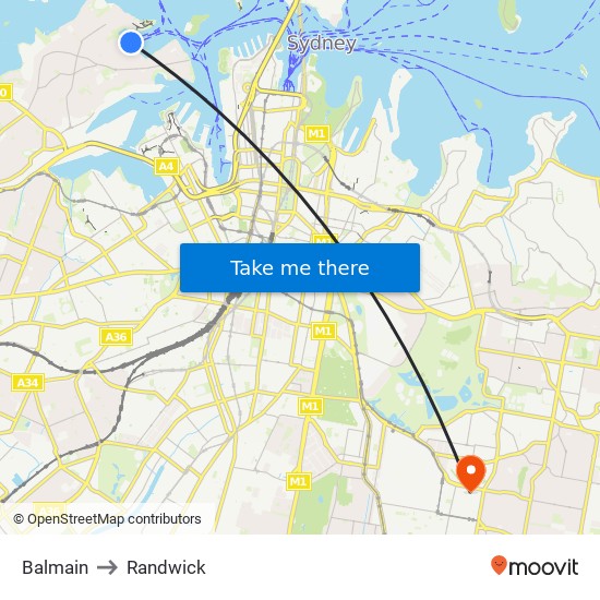 Balmain to Randwick map