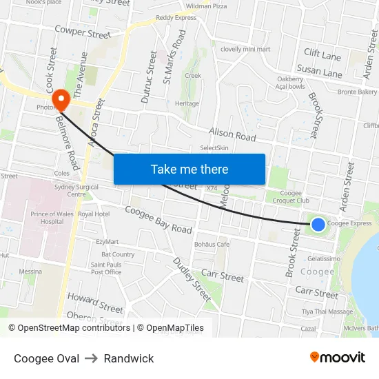 Coogee Oval to Randwick map