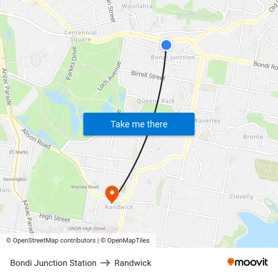 Bondi Junction Station to Randwick map