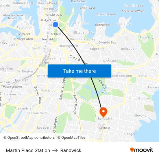 Martin Place Station to Randwick map