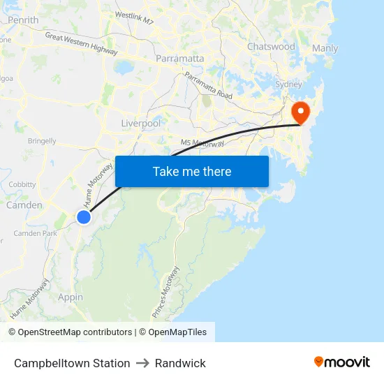 Campbelltown Station to Randwick map