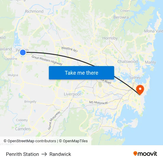 Penrith Station to Randwick map