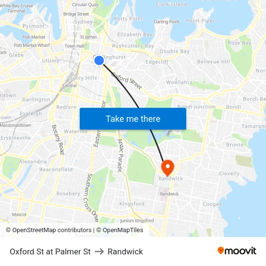 Oxford St at Palmer St to Randwick map