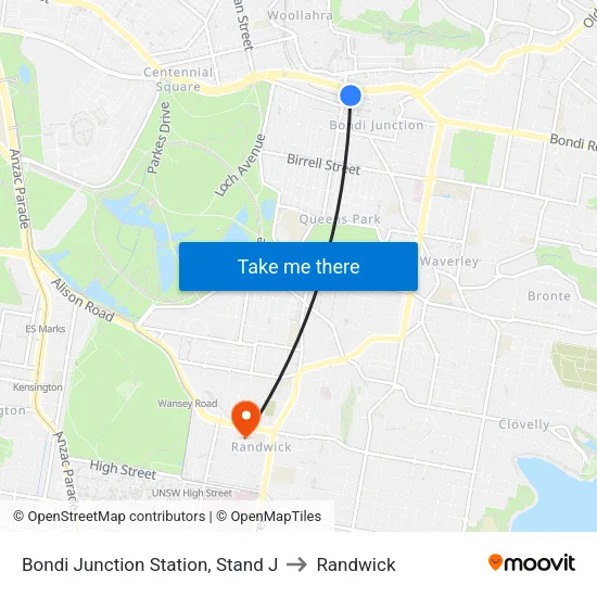 Bondi Junction Station, Stand J to Randwick map