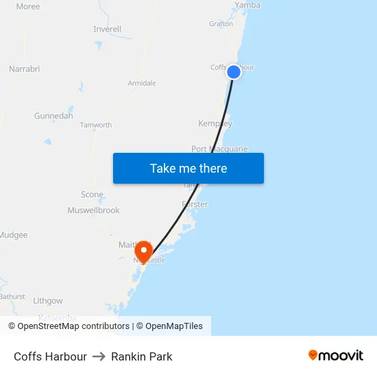 Coffs Harbour to Rankin Park map
