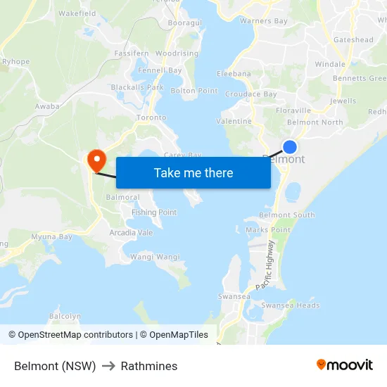 Belmont (NSW) to Rathmines map