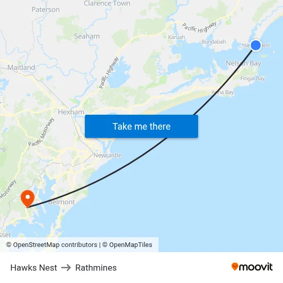 Hawks Nest to Rathmines map